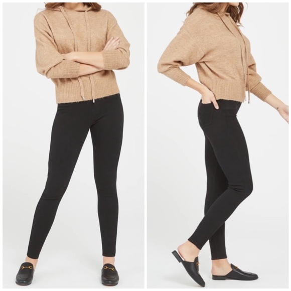 $148 Spanx Jeanish ankle leggings black shaping denim Medium 26” inseam - Picture 14 of 15